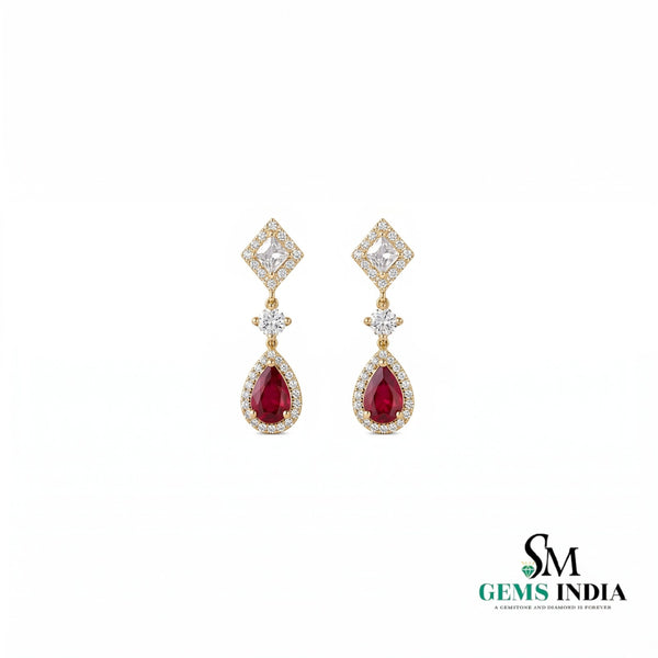 Pear Cut Ruby Dangle Earrings in 14K Gold - Diamond Accent Earrings