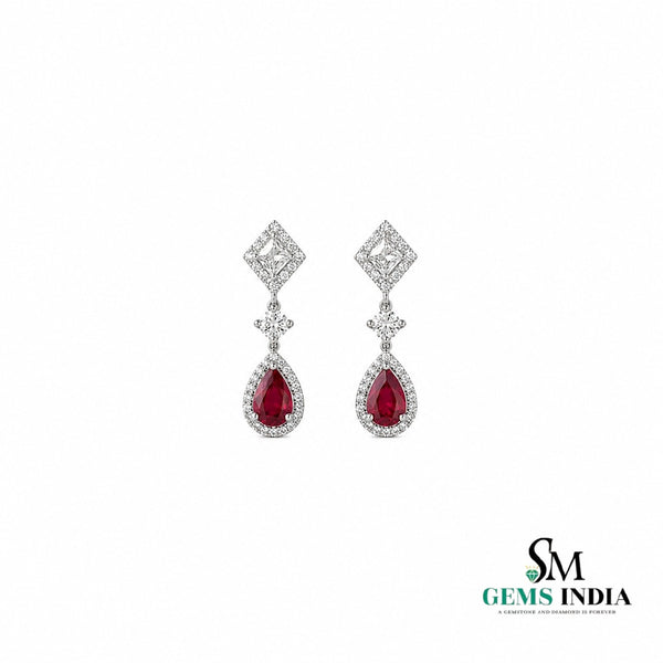 Pear Cut Ruby Dangle Earrings in 14K Gold - Diamond Accent Earrings