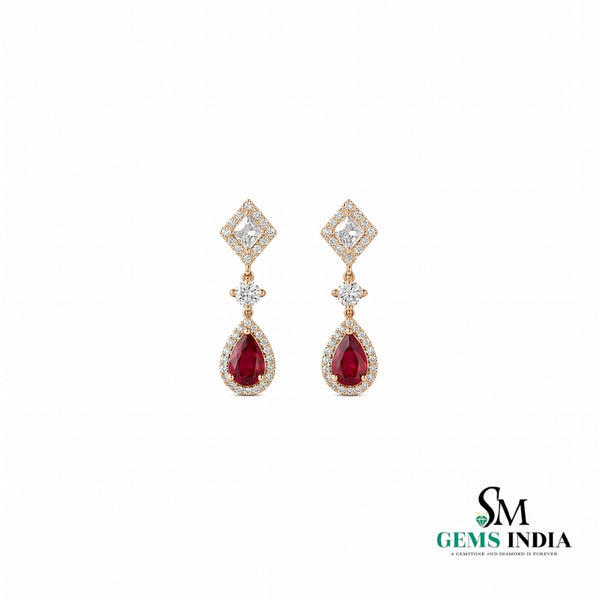 Pear Cut Ruby Dangle Earrings in 14K Gold - Diamond Accent Earrings