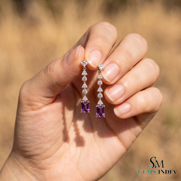 Emerald-Cut Amethyst & Diamond Earrings – February Birthstone Jewelry