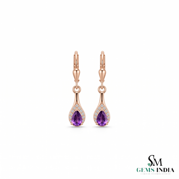 Pear Natural Amethyst and Diamond Dangle Earrings - Gift for Women