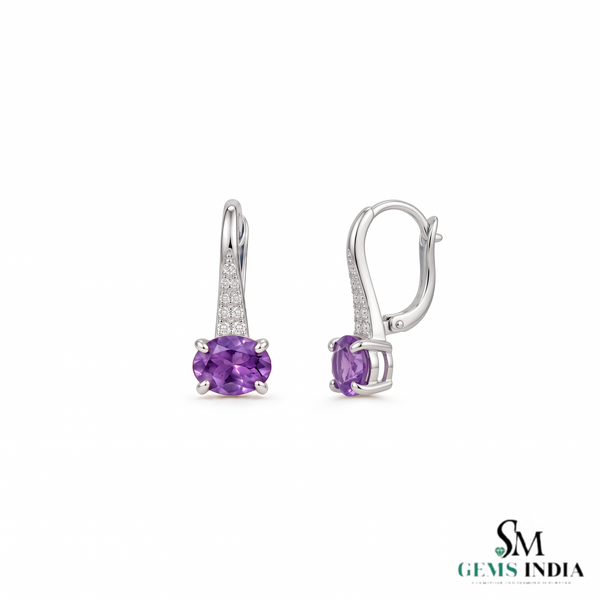 Oval Natural Amethyst Drop Earrings with Diamond Accents - Luxury Jewelry Gift