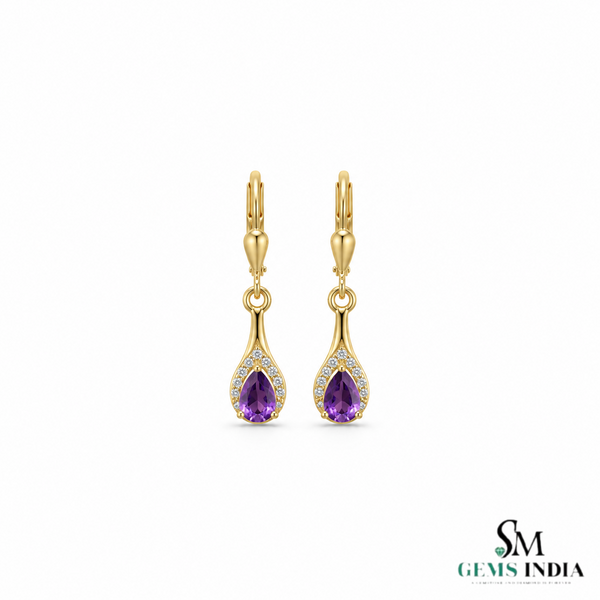 Pear Natural Amethyst and Diamond Dangle Earrings - Gift for Women