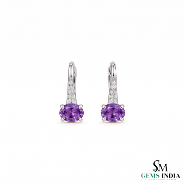 Oval Natural Amethyst Drop Earrings with Diamond Accents - Luxury Jewelry Gift