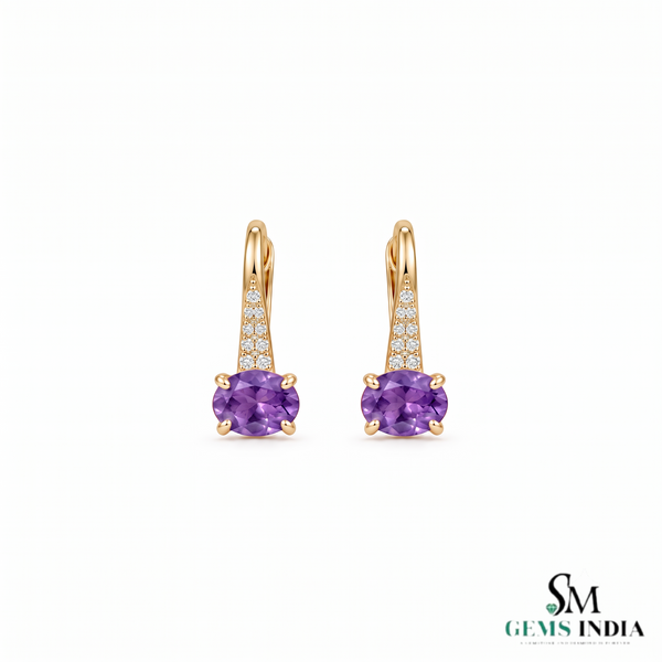 Oval Natural Amethyst Drop Earrings with Diamond Accents - Luxury Jewelry Gift