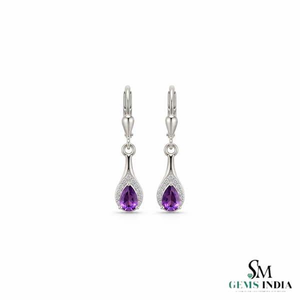 Pear Natural Amethyst and Diamond Dangle Earrings - Gift for Women