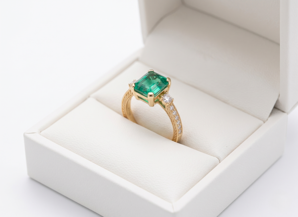 Classic Octagon Cut Natural Emerald 4 carat Engagement Ring in 14K Gold Promise Ring