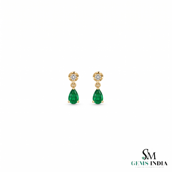 1.90 carat Pear Shape Natural Emerald and Diamond 14k Gold Stud Earrings