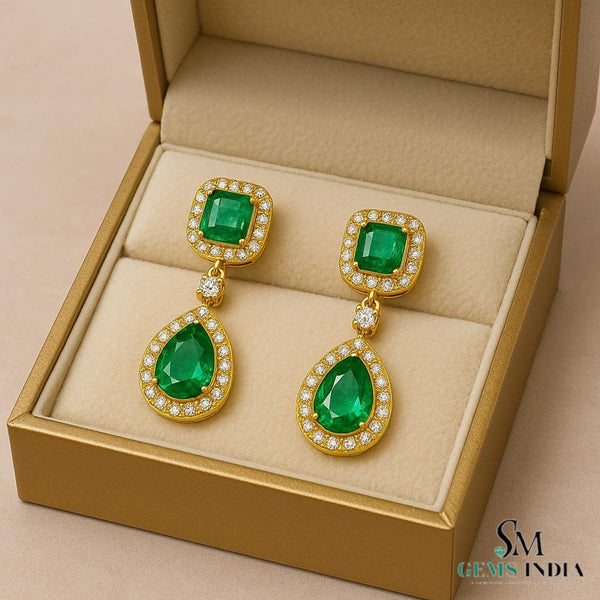 5.10 carat Luxury Emerald cut and Pear shaped Natural Emerald Teardrop Diamond Halo Earrings in Gold