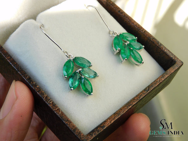 1.80 carat Marquise Shaped Genuine Emerald Leaf Drop Dangle Earrings