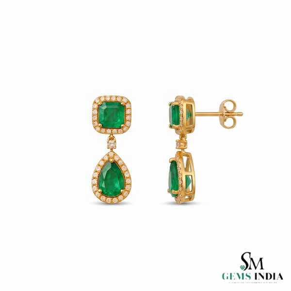 5.10 carat Luxury Emerald cut and Pear shaped Natural Emerald Teardrop Diamond Halo Earrings in Gold