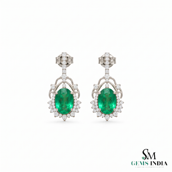 5.50 carat Oval Natural Emerald and Diamond Dangle Earrings in 14K Gold Green Gemstone Jewelry