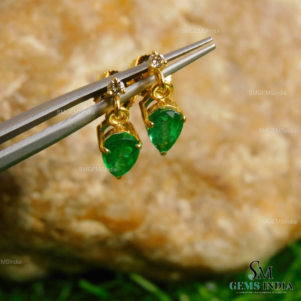 1.90 carat Pear Shape Natural Emerald and Diamond 14k Gold Stud Earrings