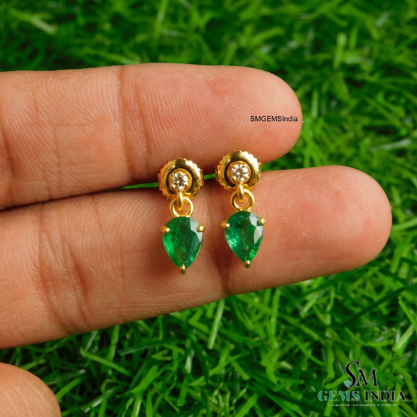 1.90 carat Pear Shape Natural Emerald and Diamond 14k Gold Stud Earrings