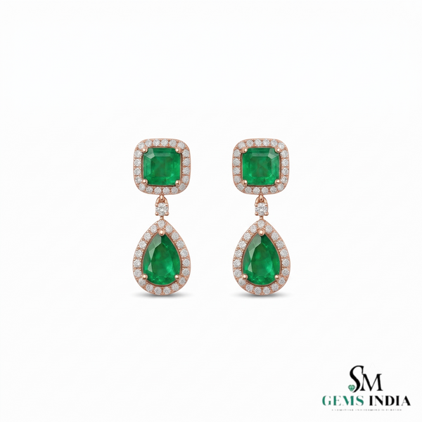 5.10 carat Luxury Emerald cut and Pear shaped Natural Emerald Teardrop Diamond Halo Earrings in Gold