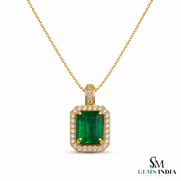 Emerald Cut Natural Emerald and Diamond Halo Pendant in 14K Gold Elegant Birthstone Jewelry