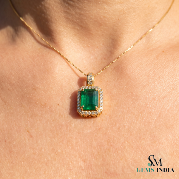 Emerald Cut Natural Emerald and Diamond Halo Pendant in 14K Gold Elegant Birthstone Jewelry