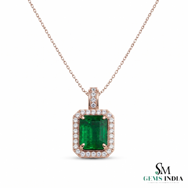 Emerald Cut Natural Emerald and Diamond Halo Pendant in 14K Gold Elegant Birthstone Jewelry