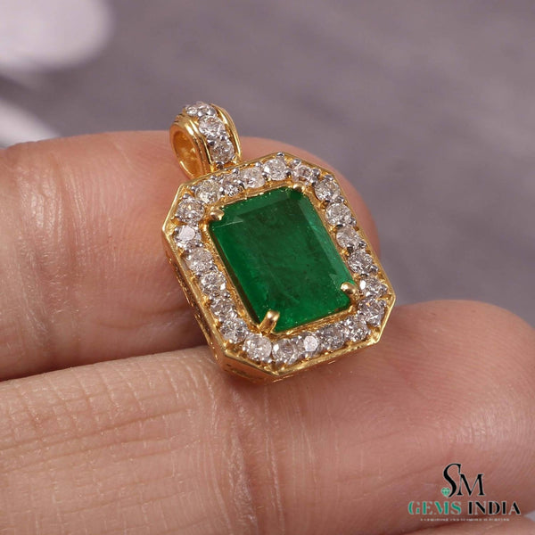 Emerald Cut Natural Emerald and Diamond Halo Pendant in 14K Gold Elegant Birthstone Jewelry