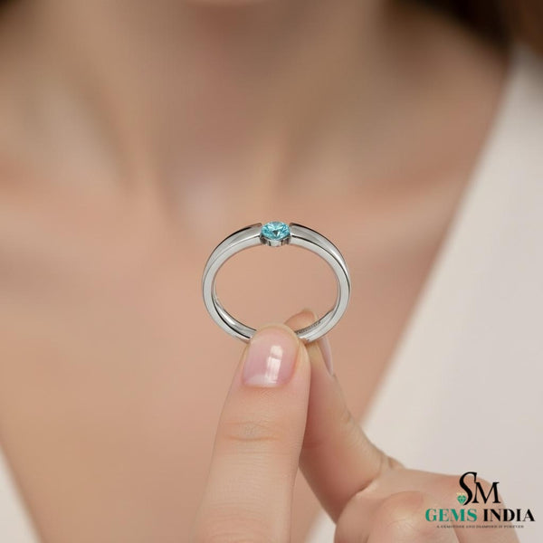 Round Aquamarine Solitaire Ring - Gold Band Ring