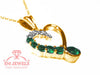 14K Gold Heart Pendant with Round Natural Emerald and Diamond Stones Luxury Gift for Woman