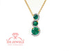 Round shaped Three Stone “S-Curve Natural Emerald and Diamond Halo Pendant Necklace in 14K gold