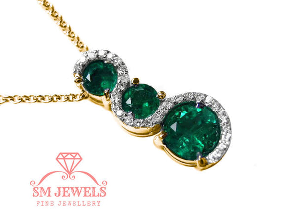 Round shaped Three Stone “S-Curve Natural Emerald and Diamond Halo Pendant Necklace in 14K gold