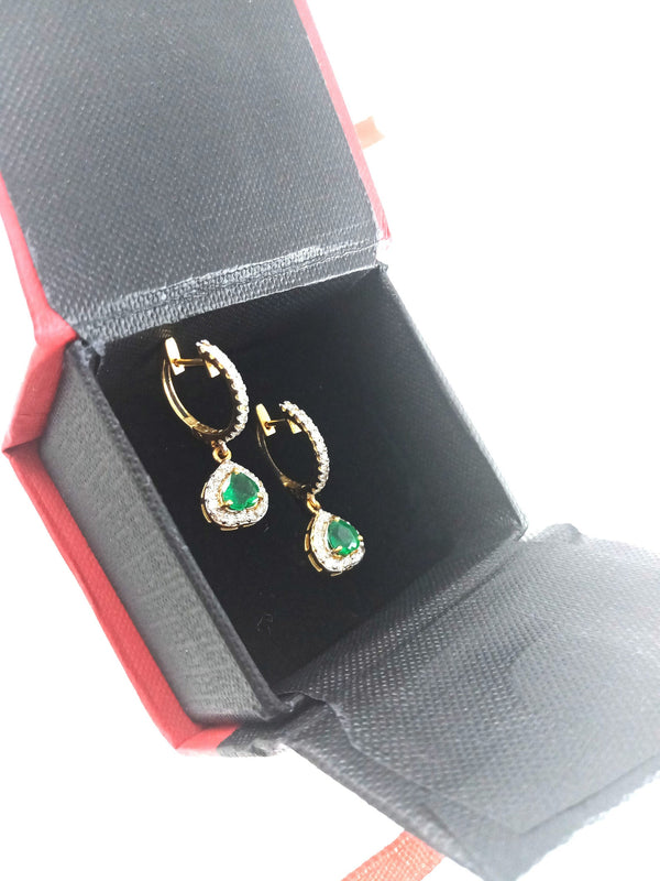 Heart shape Natural Emerald Halo Drop Earrings in 14k Gold Fine Diamond Dangles