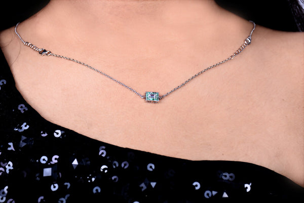 Natural Emerald & Diamond Baguette Necklace in 14K Solid Gold Fine Gift for Her