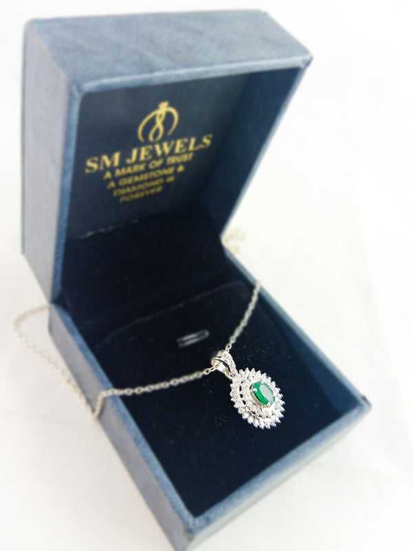 1 carat Vintage Style Oval Emerald Pendant with Diamond Halo in 14K Gold