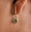 Oval Green Gemstone Dangle in 14K Gold 1.70 carat Natural Emerald and Diamond Halo Drop Earrings