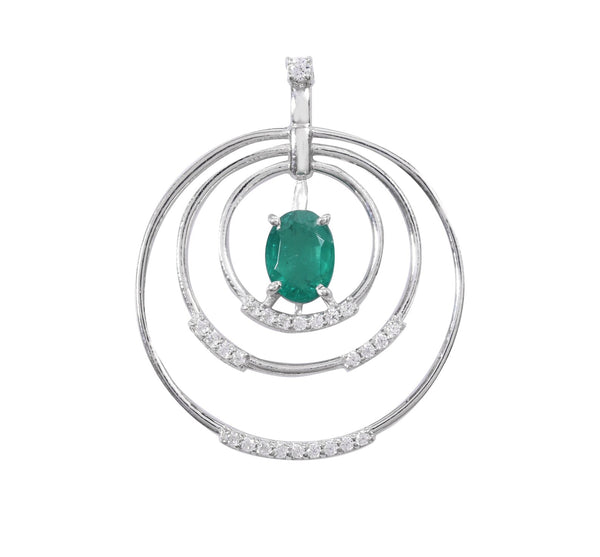 1.10 carat Oval shape Natural Emerald and Diamond Circle Pendant Necklace in 14K Gold