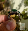 Emerald Cut and Oval Natural Emerald & Diamond Halo Ring 14K Gold Three Stone Design
