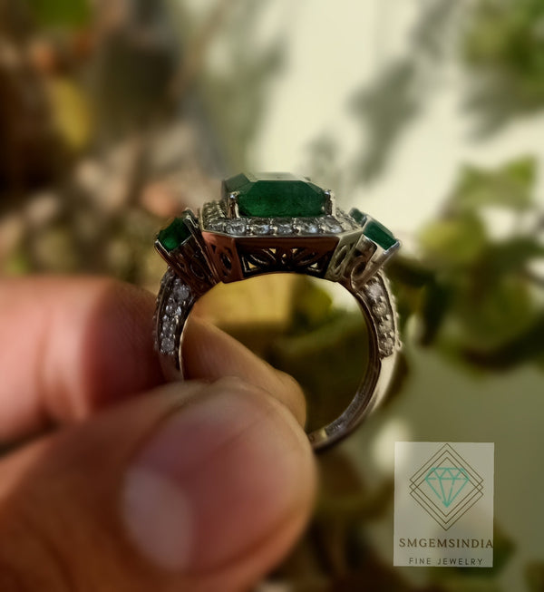 Emerald Cut and Oval Natural Emerald & Diamond Halo Ring 14K Gold Three Stone Design