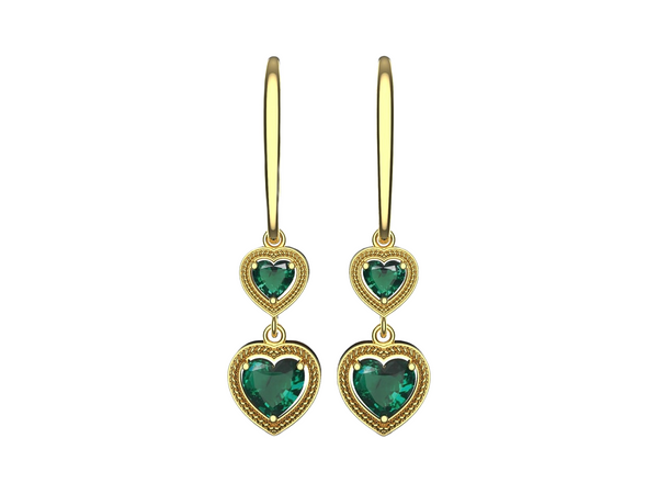 Romantic Double Heart Natural emerald Dangle Earrings in Gold with Green Stones