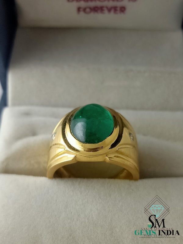 Men's Emerald Cabochon Ring: 14k Solid Gold Statement Ring