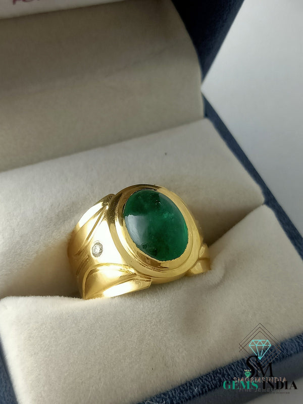 Men's Emerald Cabochon Ring: 14k Solid Gold Statement Ring