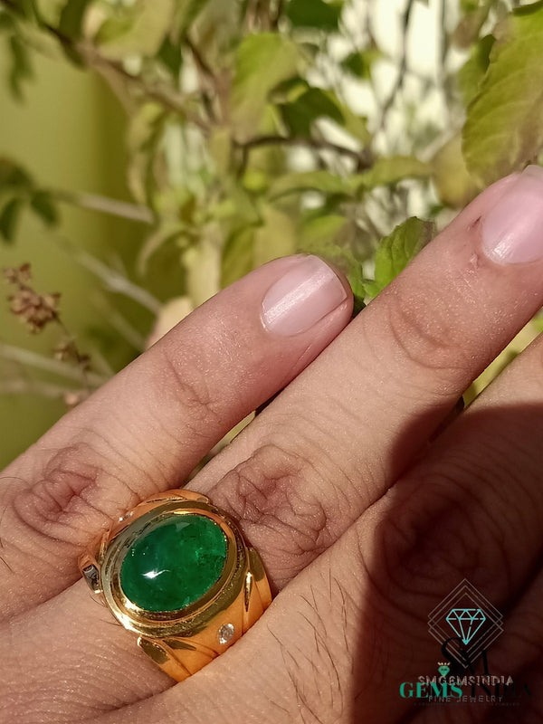 Men's Emerald Cabochon Ring: 14k Solid Gold Statement Ring