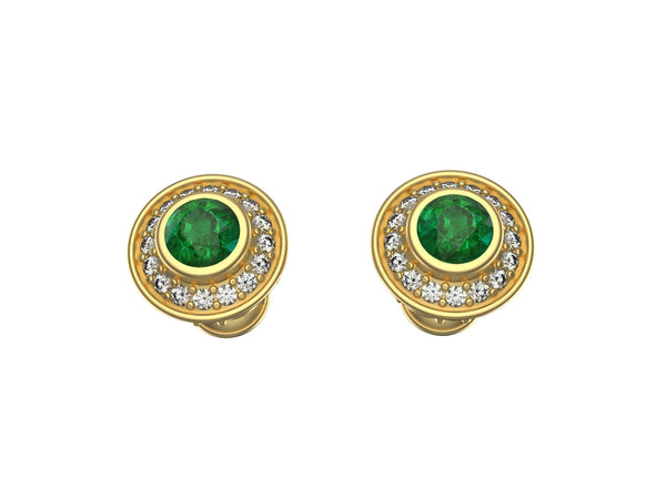 Round Natural Emerald & Diamond Halo Stud Earrings Fine White Gold Jewelry