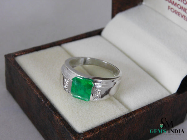 Men's Emerald and Diamond Wedding Band Ring, 18k Gold, May Birthstone