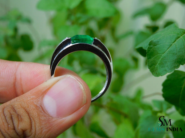 Men's Emerald and Diamond Wedding Band Ring, 18k Gold, May Birthstone