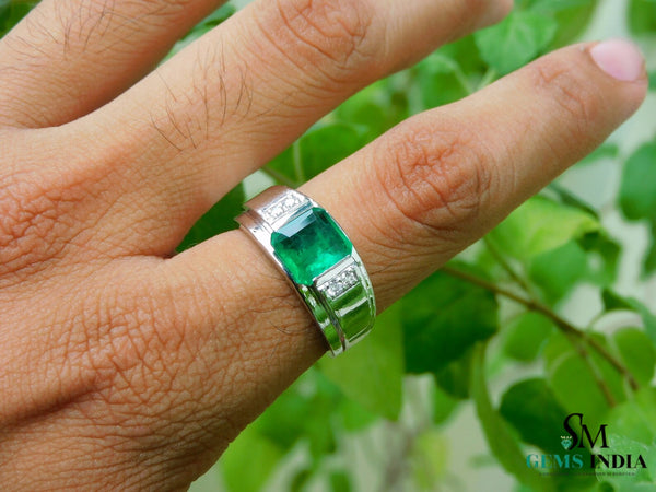 Men's Emerald and Diamond Wedding Band Ring, 18k Gold, May Birthstone