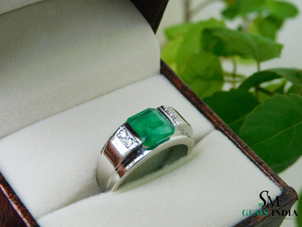 Men's Emerald and Diamond Wedding Band Ring, 18k Gold, May Birthstone