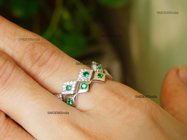 0.35 carat Natural Emerald Double Band Wedding Ring For Women in 14k Solid Gold Engagement Ring