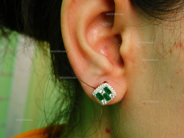 Natural Emerald Baguette & Diamond 18k Gold Stud Earrings Green Gemstone