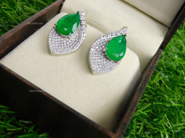 6.20 carat Pear Shaped Natural Emerald and Diamond Leaf Earrings in 14K Gold