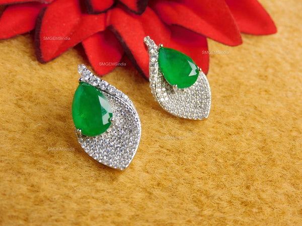6.20 carat Pear Shaped Natural Emerald and Diamond Leaf Earrings in 14K Gold