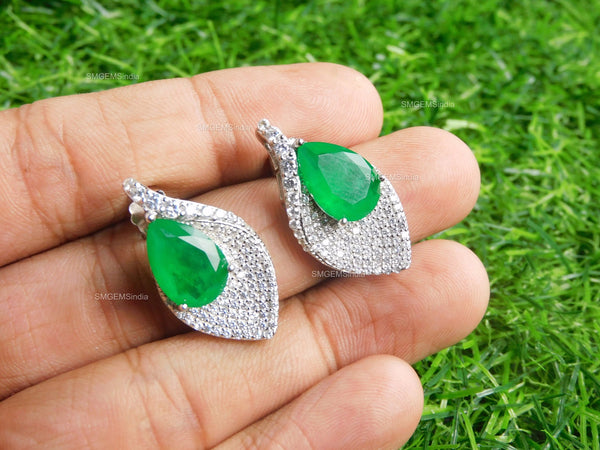 6.20 carat Pear Shaped Natural Emerald and Diamond Leaf Earrings in 14K Gold