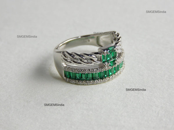 0.90 carat Natural Emerald Baguettes And Diamond Double chain Band Engagement Ring