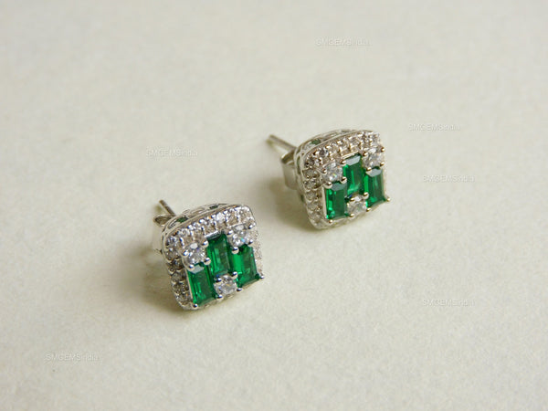 Natural Emerald Baguette & Diamond 18k Gold Stud Earrings Green Gemstone